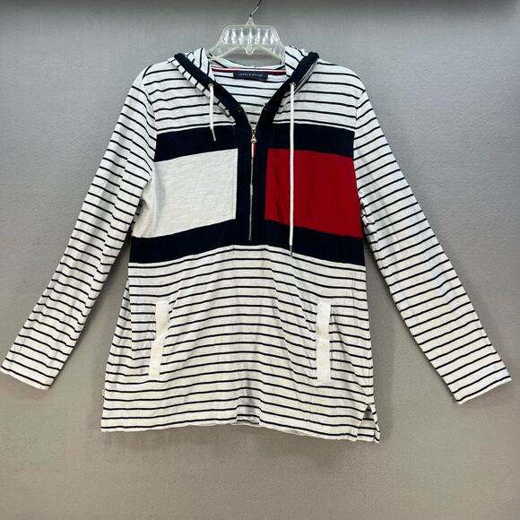 Tommy Hilfiger Tops - Tommy Hilfiger Women's Half Zip Long Sleeve Hoodie White Blue Stripes Preppy Y2K